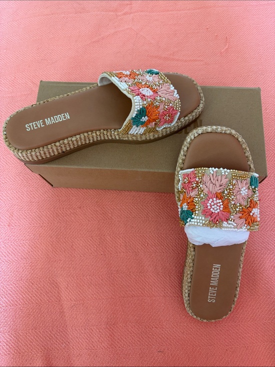 Steve Madden Shoes - Steve Madden Coral Floral Beaded Slide Sandals with Tan Footbed